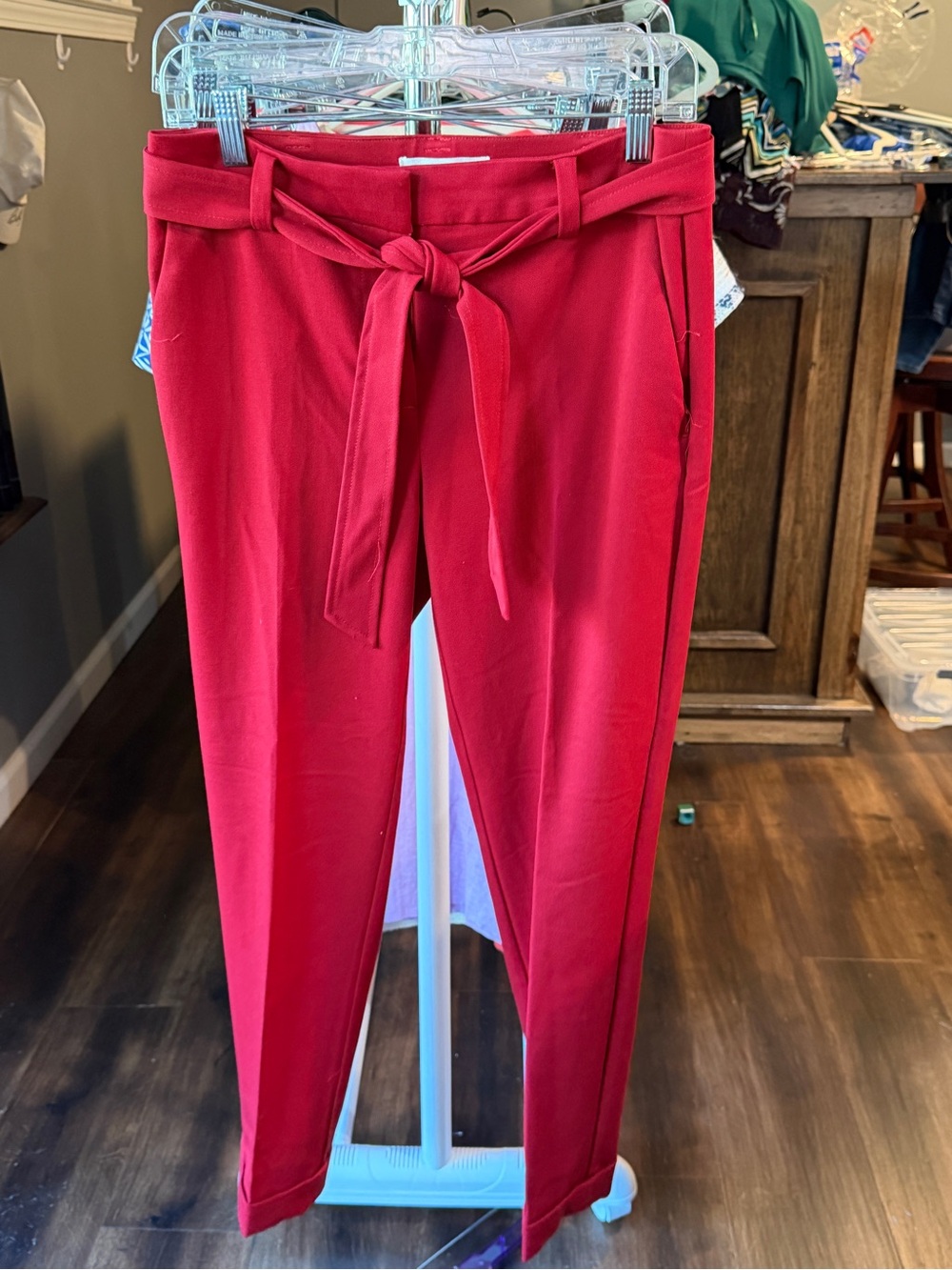 LOFT Red High-Waist Tie-Belt Trousers